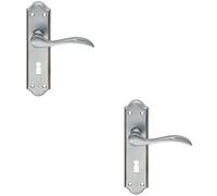 2x PAIR Curved Door Handle Lever on Lock Backplate 180 x 45mm Satin Chrome
