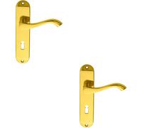 2x PAIR Curved Handle on Chamfered Lock Backplate 180 x 40mm Polished Brass