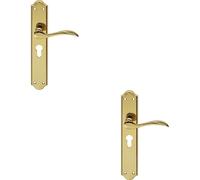 2x PAIR Curved Handle on Long Euro Lock Backplate 245 x 45mm Stainless Brass