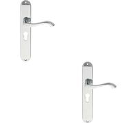 2x PAIR Curved Lever on Long Slim Euro Lock Backplate 241 x 40mm Polished Chrome
