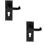 2x PAIR Forged Curved Handle on Euro Lock Backplate 155 x 54mm Black Antique