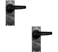 2X Pair Forged Straight Lever Handle On Latch Backplate 155 X 55mm Black Antique