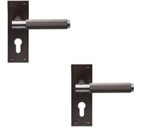 2x PAIR Knurled Round Handle on Slim Euro Lock Backplate 150 x 50mm Matt Bronze