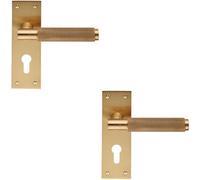 2x PAIR Knurled Round Handle on Slim Euro Lock Backplate 150 x 50mm Satin Brass