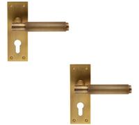 2X Pair Knurled Round Lever On Slim Euro Lock Backplate 150 X 50mm Antique Brass