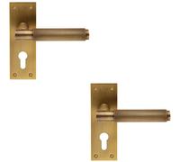 2x PAIR Knurled Round Lever on Slim Euro Lock Backplate 150 x 50mm Antique Brass Loops Metallics One Size