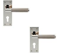 2x PAIR Knurled Round Lever on Slim Euro Lock Backplate 150 x 50mm Nickel
