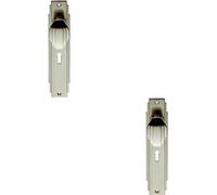 2x PAIR Line Detailed Door Knob on Lock Backplate 205 x 45mm Satin Nickel