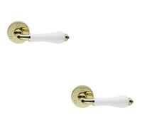 2x PAIR Porcelain Handle with Ringed Detailing 58mm Round Rose Polished Brass Loops Metallics One Size
