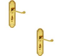 2x PAIR Reeded Scroll Lever on Shaped Bathroom Backplate 205 x 49mm Brass