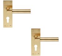 2X Pair Round Bar Handle On Slim Euro Lock Backplate 150 X 50mm Satin Brass