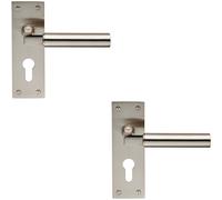 2 Pack Round Bar Handle on Slim Euro Lock Backplate - 150 x 50mm - Satin Nickel | Designer Lever on Backplate Door Handle - Internal Door Hardware - Lock, Euro, Oval and Latch Options Available