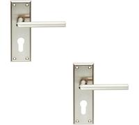 2x PAIR Rounded Lever on Euro Lock Backplate Handle 150 x 50mm Satin Nickel
