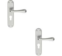 2x PAIR Smooth Round Bar Handle on Euro Lock Backplate 185 x 40mm Satin Chrome