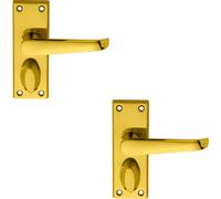 2x PAIR Straight Handle on Short Privacy Backplate 118 x 42mm Polished Brass