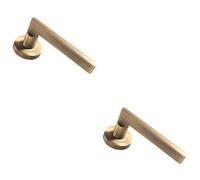 2X Pair Straight Plinth Mounted Lever On Round Rose Concealed Fix Antique Brass