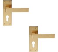 2x PAIR Straight Square Handle on Euro Lock Backplate 150 x 50mm Satin Brass