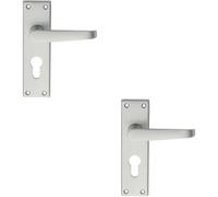 2x PAIR Straight Victorian Handle on Euro Lock Backplate 150 x 43mm Satin Chrome