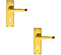 2x PAIR Straight Victorian Handle on Lock Backplate 150 x 42mm Polished Brass