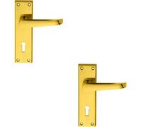2x PAIR Straight Victorian Handle on Lock Backplate 150 x 43mm Polished Brass