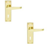 2x PAIR Victorian Flat Lever on Lock Backplate Handle 150 x 42mm Polished Brass Loops Metallics One Size