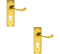 2x PAIR Victorian Scroll Lever on Euro Lock Backplate 150 x 43mm Polished Brass
