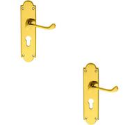 2X Pair Victorian Scroll Lever On Euro Lock Backplate 205 X 49mm Polished Brass