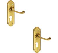 2x PAIR Victorian Upturned Lever on Euro Lock Backplate 168 x 47mm Brass