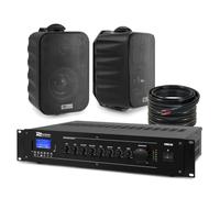 2x PD BC34V 4" 100V Outdoor Wall Speakers & PRM120 Mixer Amp - Black | Bluetooth, USB/SD, mic/line inputs, 100V/8 ohm switchable, 50m speaker cable included