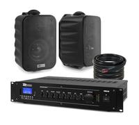2x PD BC35V 5" 100V Outdoor Wall Speakers & PRM120 Mixer Amp - Black | Bluetooth, USB/SD, XLR with phantom power, VOX priority, 50m cable included