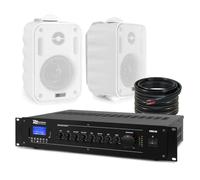 2x PD BC35V 5" 100V Outdoor Wall Speakers & PRM120 Mixer Amp - White | Bluetooth, USB/SD, RCA and mic inputs, VOX priority, 50m speaker cable included