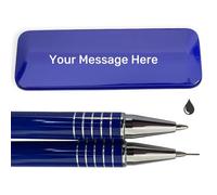 2X Personalised Pen & Mechanical Pencil Set - Black Ink Deep Laser Engraved Aluminium Pens with Steel Gift Box - Customised Ballpoint Writing Pens for Men & Women - Custom Personalized Gifts (Blue)