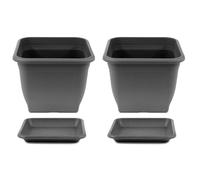 2x Planter 23 X 23 CM Plastic Incl. Saucer Angular Anthracite Flowerpot
