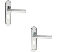 2x Round Bar Lever on Euro Lock Backplate Door Handle 180 x 40mm Polished Chrome