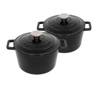 2x Round Cast Iron Casserole Dishes with Self Basting Lid - 2.8 Litre Argon Tableware Black One Size