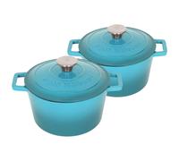 2x Round Cast Iron Casserole Dishes with Self Basting Lid - 2.8 Litre Argon Tableware Teal One Size