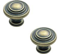 2x Round Ringed Pattern Door Knob 32mm Diameter Antique Brass Cabinet Handle