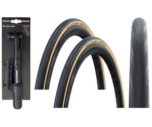 2x Schwalbe LUGANO 700 x 25c TAN WALL Road Bike TYRES + BALDYS MINI PUMP