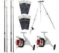 2x Sea Fishing Beach Caster 12ft 2pc Rod & Reel Setup 20lb Line & Tripod Stand | Feathers | Sea Rigs
