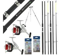 2x Sea Fishing Beachcaster Rod 12ft 3pc & 2x 1BB Reel 20lb Red Lined Spooled Combo & 110-180cm Telescopic Tripod