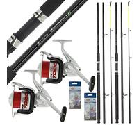 2x Sea Fishing Beachmaster Rod 12ft 3pc & 2x 1BB Reel 20lb Red Line Spooled Combo with 2x Packs of Feather Rigs