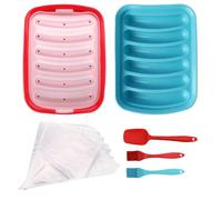 2X Silicone Sausage Molds - 6-Cavity Non-Stick Flexible Hotdog Maker - Baking Cooking Steaming Container - DIY Homemade Sausages - Includes 2X Mini Brushes 1x Spoon and 20x Pastry Bags