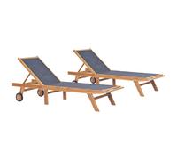 2x Solid Teak and Textilene Folding Sun Loungers with Wheels Sunbeds vidaXL