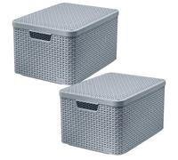 2x Storage Box Container Basket 2x 30L Lidded Handle Curver Rattan Style Large