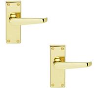 2x Straight Victorian Lever on Rectangular Latch Backplate Handle Polished Brass