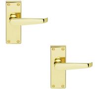 2x Straight Victorian Lever on Rectangular Latch Backplate Handle Polished Brass