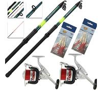 2x Telescopic Beachcaster Sea Fishing 12ft (3.6m) Rod and Reel Combo + Feathers