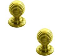 2x Textured Reeded Ball Cupboard Door Knob 28mm Dia Polished Brass Handle Loops Metallics One Size