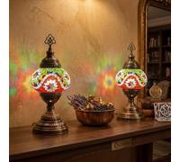 2X Turkish Moroccan Mosaic Table Lamp Stained Glass Bedside Light with 3 Color Options LED Bulb (Colorful)