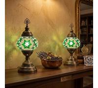 2X Turkish Moroccan Mosaic Table Lamp Stained Glass Bedside Light with 3 Color Options LED Bulb (Green)